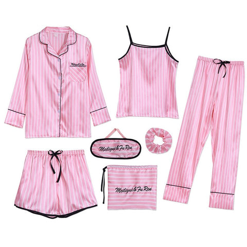 Sleepwear 7 Pieces Pyjama Set 2018 Women Autumn Winter Sexy Pajamas Sets Sleep Suits Soft Sweet Cute Nightwear Gift Home Clothes