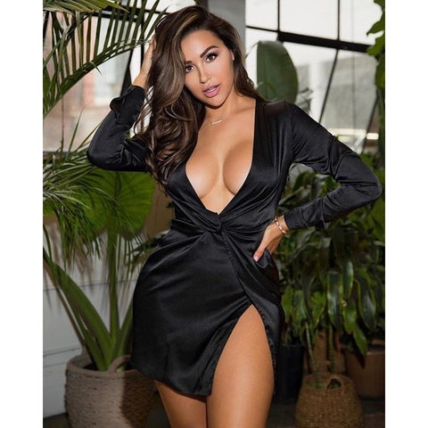 Sexy Women Summer Long Sleeve Deep V Neck Satin Mini Dress Ladies Short Knot Wrap Split Party Dresses