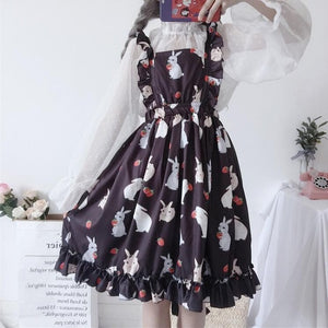 Women's Dresses Chic Lady Kawaii Ulzzang Strawberry Rabbit Cute Strap Dress Female Ins Vintage Harajuku Dress For Women Casual