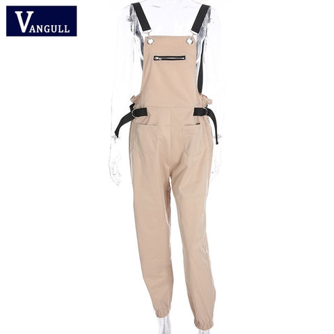 Vangull New Khaki Rompers Womens Jumpsuit Long Elegant Zipper Pockets Sleeveless Adjusted Strap High Waist Cotton Fashion Summer