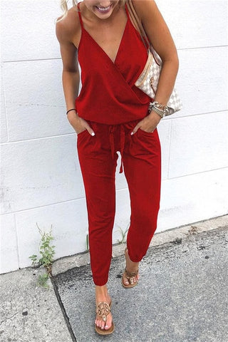 New Arrival Sexy Spaghetti Cross Strap Lace Up Jumpsuits Summer Women V Neck Solid Casual Sleeveless Pockets Long Romper  Female