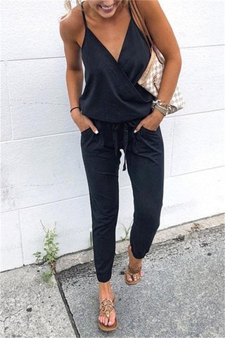 New Arrival Sexy Spaghetti Cross Strap Lace Up Jumpsuits Summer Women V Neck Solid Casual Sleeveless Pockets Long Romper  Female