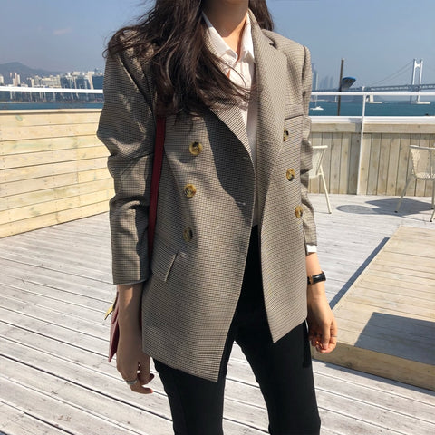 BGTEEVER Classic Plaid Double Breasted Women Jacket Blazer Notched Collar Female Suits Coat Fashion Houndstooth 2019 Autumn