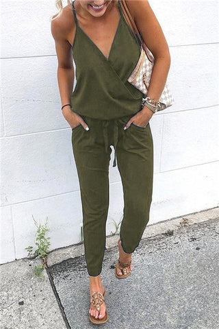 New Arrival Sexy Spaghetti Cross Strap Lace Up Jumpsuits Summer Women V Neck Solid Casual Sleeveless Pockets Long Romper  Female