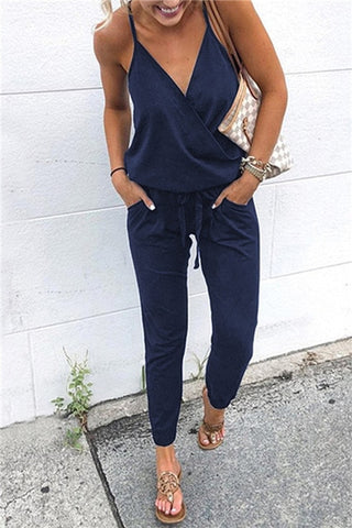 New Arrival Sexy Spaghetti Cross Strap Lace Up Jumpsuits Summer Women V Neck Solid Casual Sleeveless Pockets Long Romper  Female