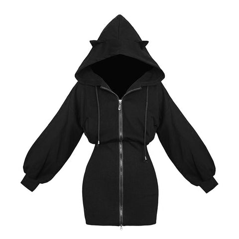 Kawaii Hoodie Harajuku Long Sweatshirt Women Black Punk Gothic Hoodies Hoody Ladies Zip-up 2019 Autumn Cute Ear Cat Hoodies