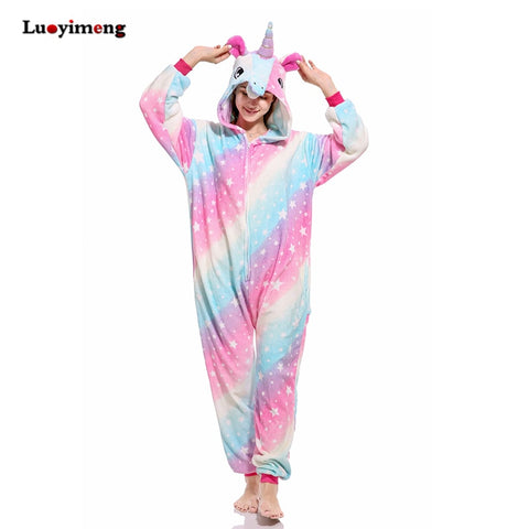 Winter Pink Unicorn Pajama Sets Cartoon Sleepwear Women Pajamas Flannel Animal Stitch Panda Unicorn Pyjama Kigurumi Nightwear