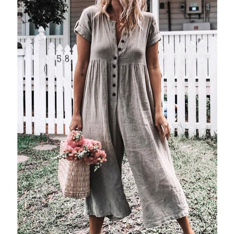 Summer Short Sleeve Jumpsuit Women Casual Cotton Fake Linen Rompers Womens Jumpsuits Button V Neck Wide Leg Trousers Jumpsuits