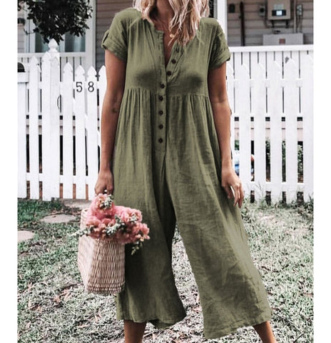 Summer Short Sleeve Jumpsuit Women Casual Cotton Fake Linen Rompers Womens Jumpsuits Button V Neck Wide Leg Trousers Jumpsuits