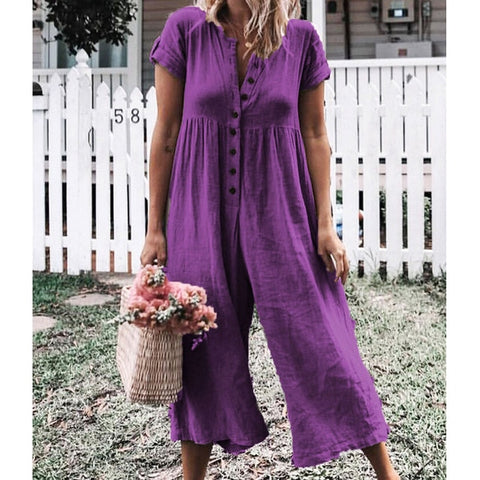 Summer Short Sleeve Jumpsuit Women Casual Cotton Fake Linen Rompers Womens Jumpsuits Button V Neck Wide Leg Trousers Jumpsuits