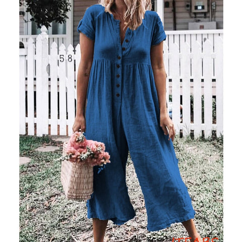 Summer Short Sleeve Jumpsuit Women Casual Cotton Fake Linen Rompers Womens Jumpsuits Button V Neck Wide Leg Trousers Jumpsuits