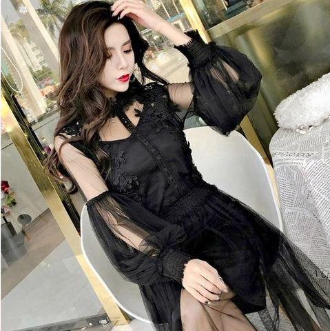 2019 New Women Fashion Dress Stand Collar Lantern Sleeve Mesh Dress See-through Lace Embroidery Fairy Dress Femme Vestidos Robe