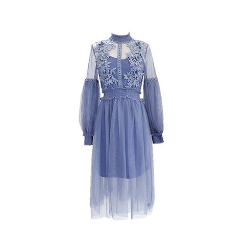 2019 New Women Fashion Dress Stand Collar Lantern Sleeve Mesh Dress See-through Lace Embroidery Fairy Dress Femme Vestidos Robe