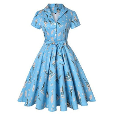 Flamingo Women Tunic Dress Winter Christmas 2019 Short Sleeve Turn Down Collar 50S Pinup Business Everyday Casual Swing Dresses