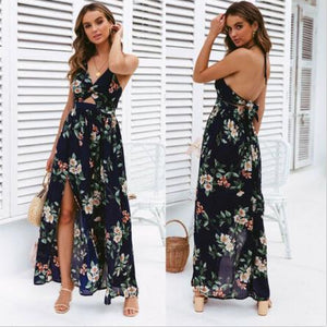 Womens Spaghetti Strap Summer Boho Maxi Long Dress Party Beach Dresses V Neck Split Sundress Floral Halter Dress 2019 New