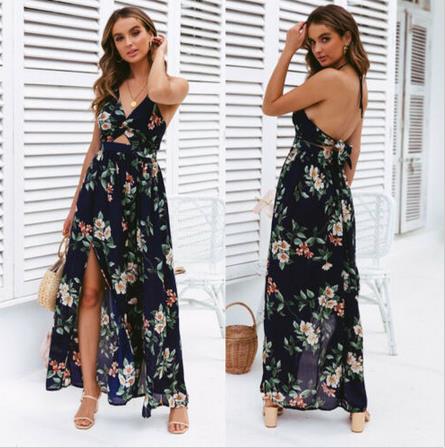 Womens Spaghetti Strap Summer Boho Maxi Long Dress Party Beach Dresses V Neck Split Sundress Floral Halter Dress 2019 New