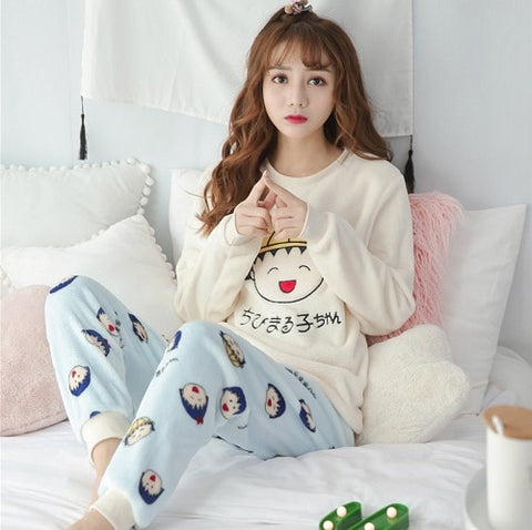 Autumn and Winter Women Pyjamas Sets Thick Warm Coral Velvet Suit Flannel Long Sleeve Female Cartoon Bear Animal Pants Sleepwear