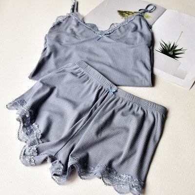 Herislim Two Piece Cotton Pajamas Sets Sexy Lace Top And Shorts Pyjamas Sleepwear High Elastic Pijama Solid Nightie Home Clothes