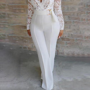 Women Sexy Elegant Overalls Rompers Patchwork Jumpsuit Female Long Sleeve Lace Overall Trousers Party Playsuit