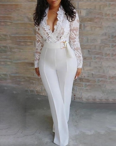 Women Sexy Elegant Overalls Rompers Patchwork Jumpsuit Female Long Sleeve Lace Overall Trousers Party Playsuit