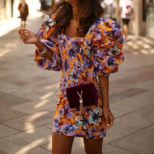 Stylish Chic Floral Print Loose sleeve Dress Za 2019 Vintage Elegant Women Square Collar Mini Dresses