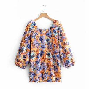 Stylish Chic Floral Print Loose sleeve Dress Za 2019 Vintage Elegant Women Square Collar Mini Dresses